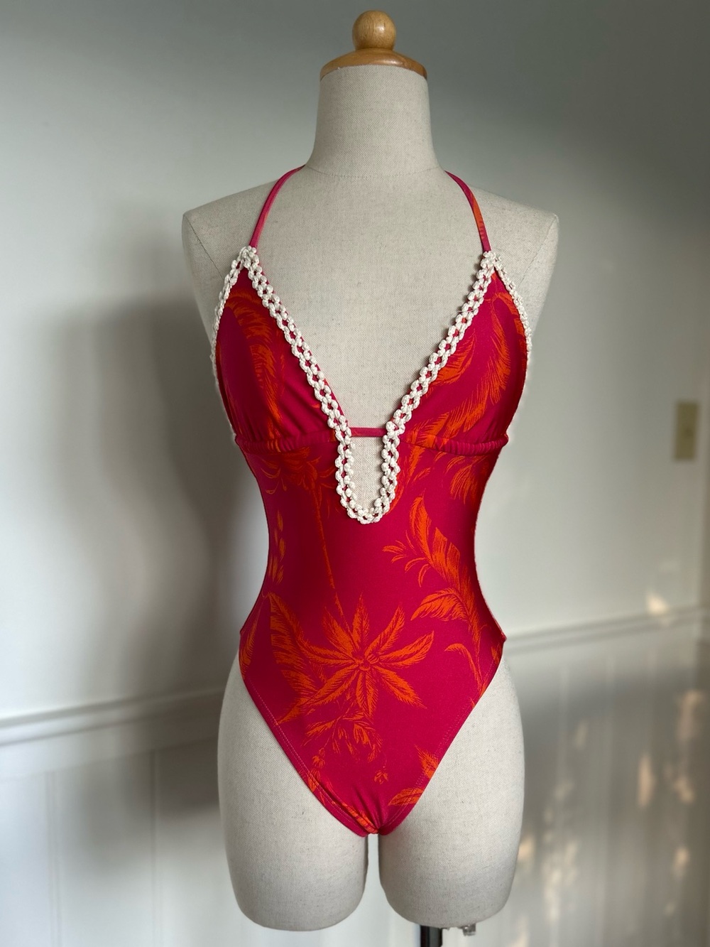 Women’s Red Floral One-Piece Swimsuit with Halter Tie